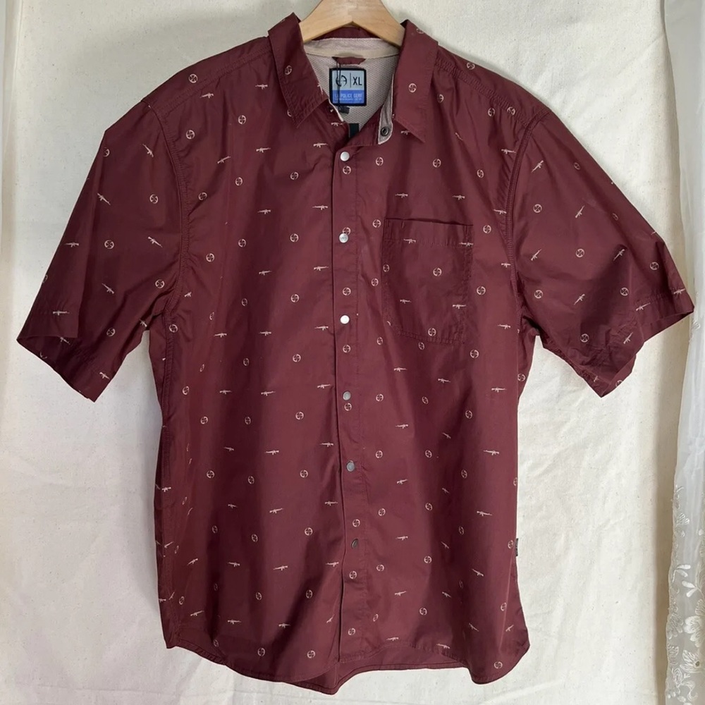 La Police Gear Sz L Target Practice Button Down‎ Snap Short Sleeve Burgundy Red